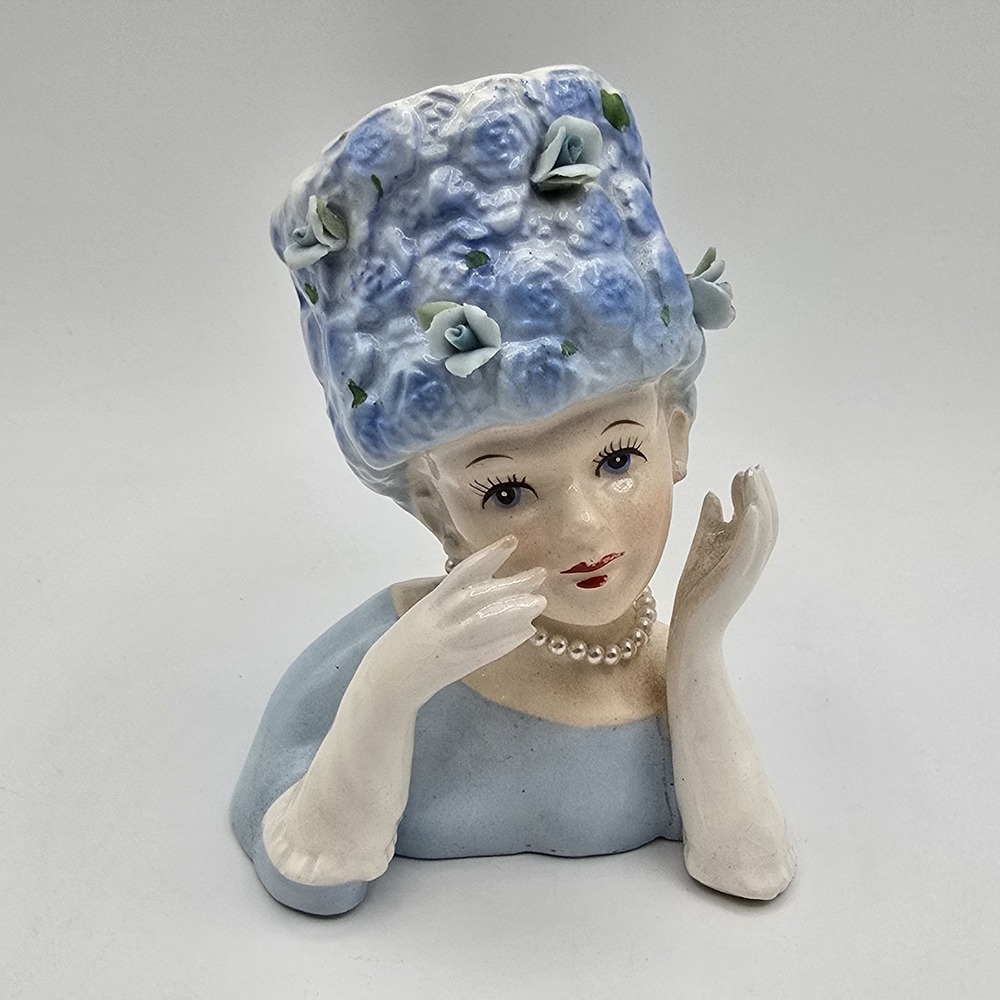 Vintage Relpo A-1373S Ceramic Lady Head Vase MCM Japan Blue Htf 4.25"